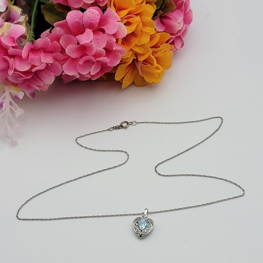 Vtg. Sterling Silver Blue Cubic Zirconia Filigree Heart Pendant Necklace 18 Inch